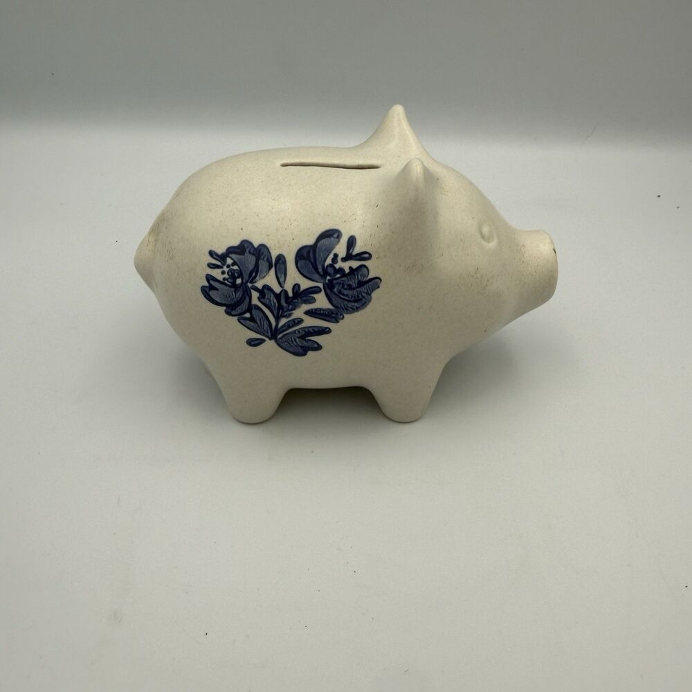 Pfaltzgraff Yorktowne Piggy Bank Original Stopper USA Blue & White Stoneware